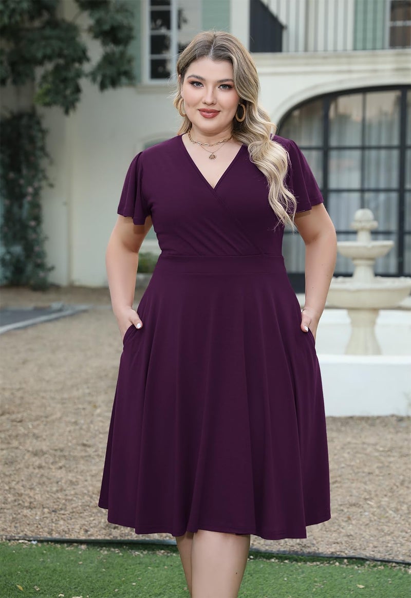 Nemidor Plus Size Dresses for Curvy Women Casual Summer V Neck Short Sleeve Midi Cocktail Vintage Dress with Pocket(073,14,133+Dark Purple) - Image 3